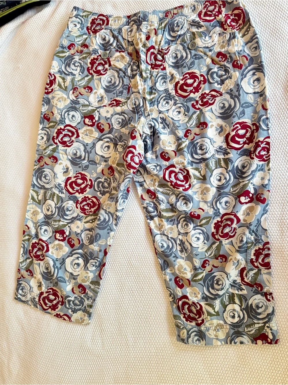 GV Elastic Waist Blue Floral Cropped Cargo Pants Lightweight Cotton Capris - Picture 8 of 14